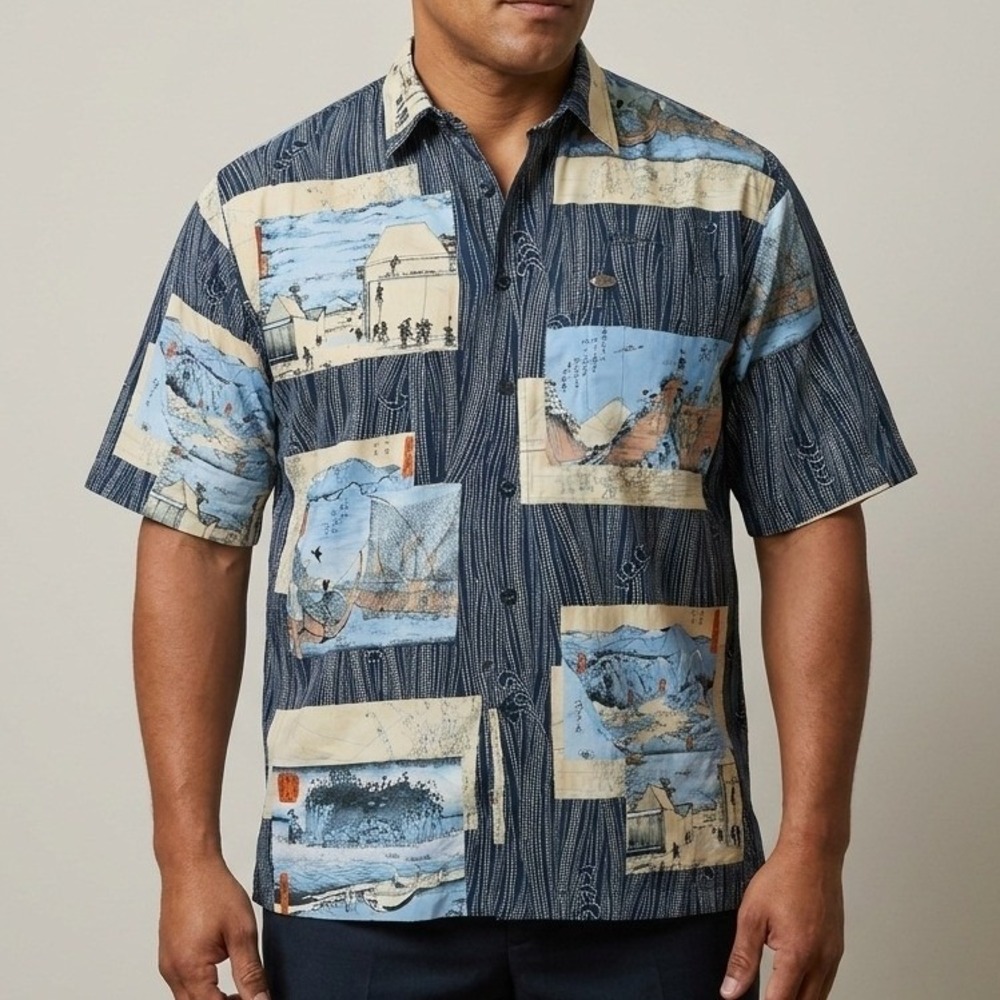 Phat Farm Mens XXXL Japanese Art Print Button Down‎ Shirt Navy Blue Y2K Vintage